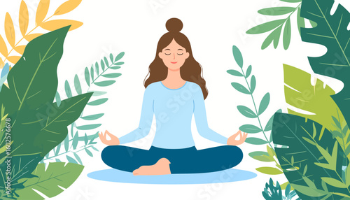A serene woman with a top bun hairstyle meditating in the lotus position, framed by stylized tropical leaves.