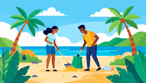 Two young volunteers, a man and woman, happily cleaning a sandy area together with a broom and dustpan.