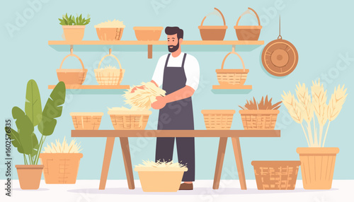 Bearded artisan in a grey apron arranging natural straw fibers into a wicker basket.