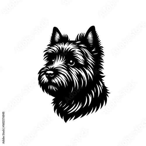 A black and white illustration of a cairn terriers head isolated on white background