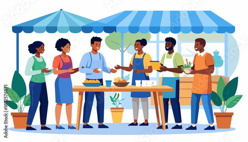 Diverse group of smiling African American people shopping and selling at a local outdoor market stall with a blue awning.