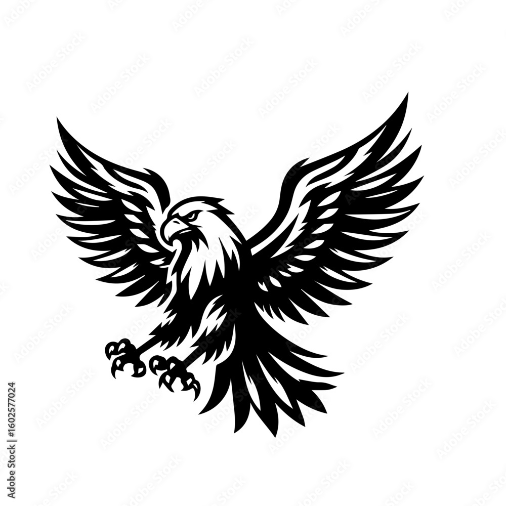 Obraz premium A stylized black and white illustration of an eagle in flight isolated on white background