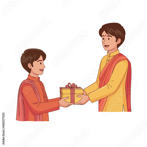 Happy Indian boy giving gift to father; festive, joyful cartoon illustration.