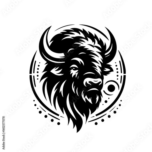 Stylized black and white illustration of a bison head within a circular geometric design
