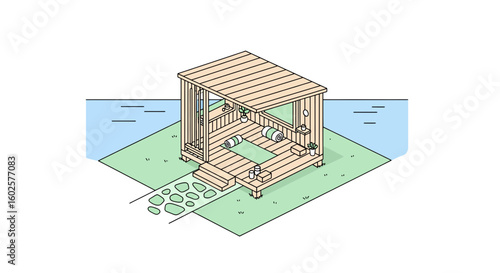 Balinese hut on grass with stone path and water