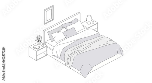 Bedroom interior with bed, nightstands, and wall art