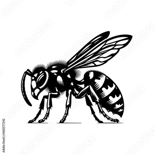 A detailed black and white illustration of a wasp isolated on white background