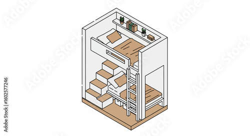 Bunk bed room interior isometric view for kids