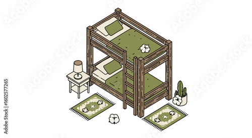 Bunk bed room interior with rugs and lamp