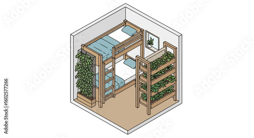 Bunk bed room with plants, cozy interior, modern space
