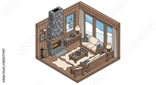 Cozy cabin living room with fireplace and snowy view