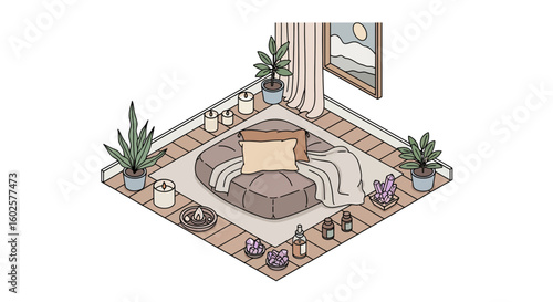 Cozy corner meditation space with crystals and plants