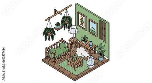 Cozy indoor room with plants and rattan furniture