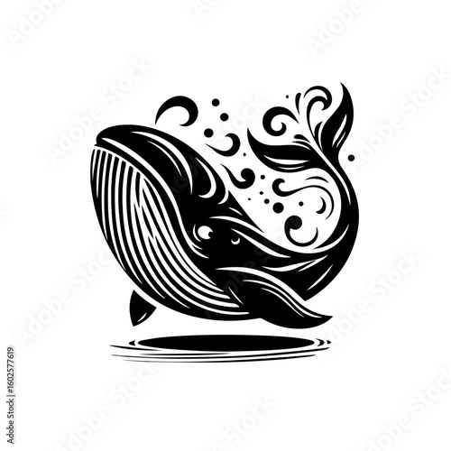 Stylized black whale illustration with swirling water elements isolated on white background
