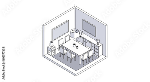 Dining room interior with table chairs lamps and decor