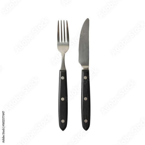 A fork and knife with black handles isolated on transparent background
