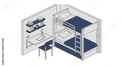 Dorm room with bunk beds and study space