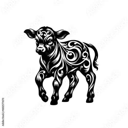 A stylized illustration of a young calf with intricate tribal patterns isolated on a white background
