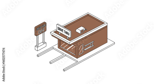 Drive thru cafe isometric building with sign