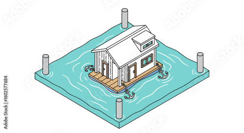 Floating house on water with anchors isometric view