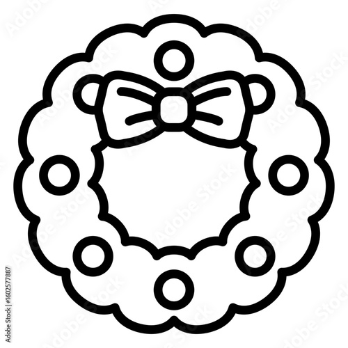 Tiempo de Navidad. Icono con corona navideña de hojas y bayas de acebo y lazo de cinta con líneas para tarjetas y felicitaciones