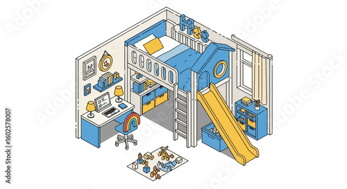 Kids bedroom interior with bunk bed and playful elements