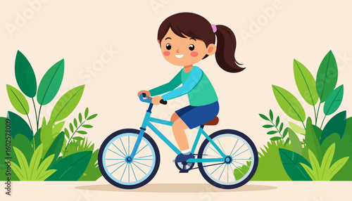 Cute cartoon girl with a brown ponytail happily riding a blue bicycle.