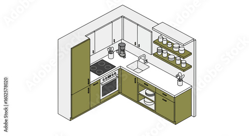 Kitchen corner layout with appliances and storage