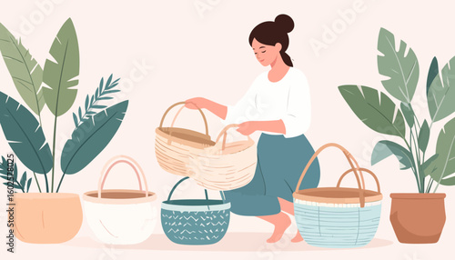 Barefoot woman with a hair bun in a white shirt and blue skirt, arranging wicker baskets.