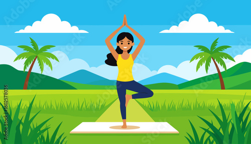 A smiling woman with dark hair in a yellow tank top and blue leggings, practicing the yoga tree pose (Vrikshasana) on a mat.