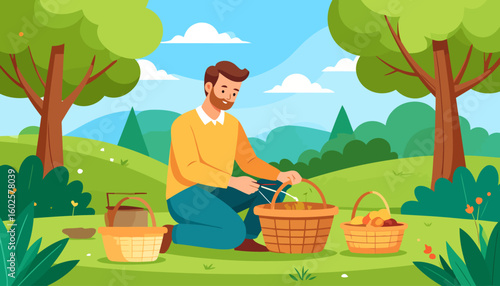 A smiling bearded man in a yellow sweater kneels on the grass, arranging items in wicker picnic baskets.