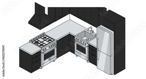 Kitchen layout with appliances and cabinetry isometric view