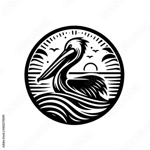 A stylized illustration of a pelican on the water at sunset