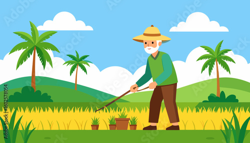 Cartoon of an elderly farmer with a white beard and straw hat, tending to potted plants with a hoe in a vibrant field.