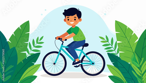 Smiling cartoon boy with black hair and green shirt riding a turquoise bicycle, looking at the camera.