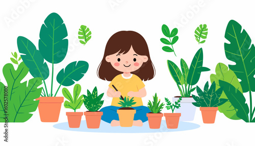 A smiling girl with brown hair sits cross-legged, caring for her diverse collection of potted houseplants.