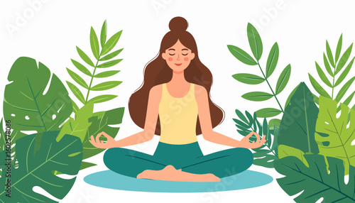 Young woman practicing yoga meditation in a lotus pose surrounded by lush tropical leaves for wellness and mindfulness concept