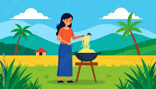Smiling woman with long dark hair cooking noodles in a wok outdoors. She wears an orange shirt and a long blue skirt. Flat vector illustration.