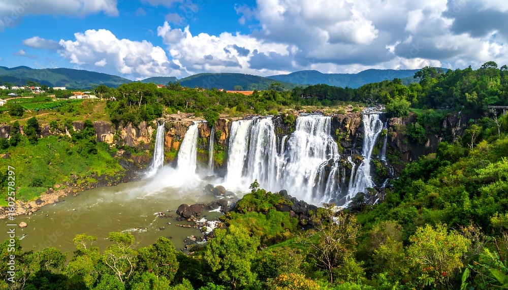 Fototapeta premium Panoramic view of a cascading waterfall surrounded by lush greenery and hills