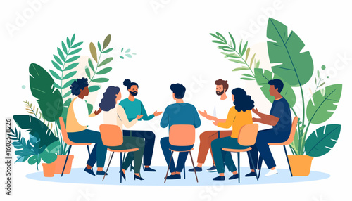 Diverse group of men and women sitting in a circle for a support meeting or group therapy session.