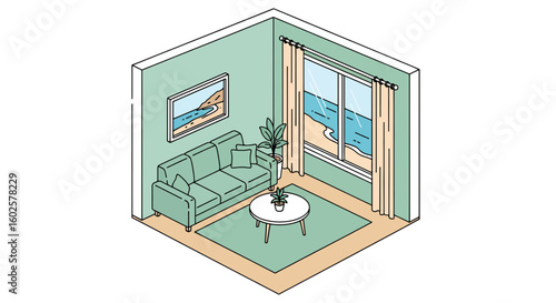 Living room interior with sofa, window, and rug