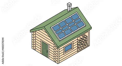 Log cabin with solar panels and chimney isometric view