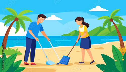 A smiling man and woman in casual clothes cleaning together with a broom and dustpan.