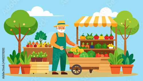 Smiling elderly farmer in a straw hat and green overalls at his vibrant outdoor market stall, holding a cart full of fresh, colorful vegetables.