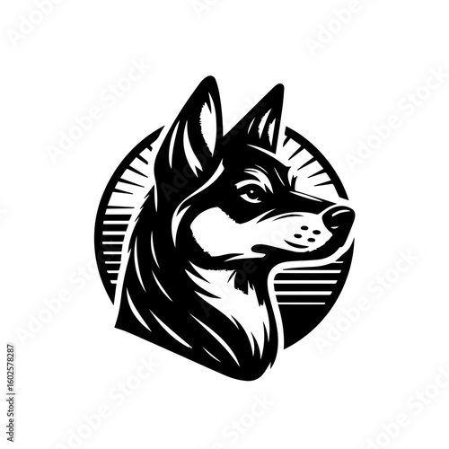 A fierce black and white illustration of a dogs head in profile set against a circular sunburst background