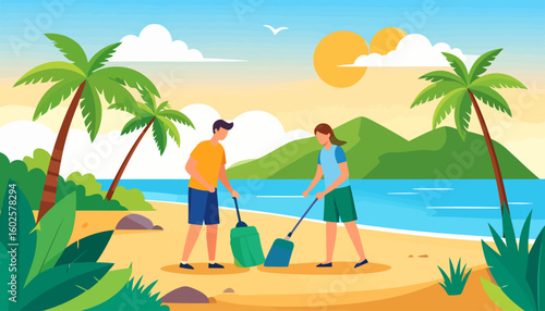 Flat illustration of a young man and woman cleaning a beach together with dustpans.