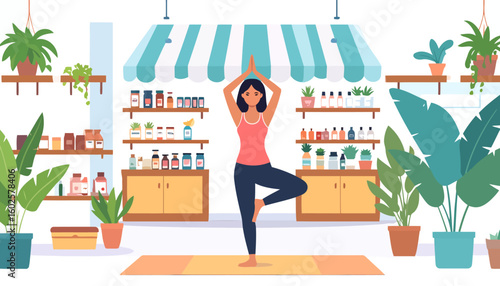 Woman in pink tank top and blue leggings practicing the Vrikshasana Tree Pose yoga asana with hands joined overhead.