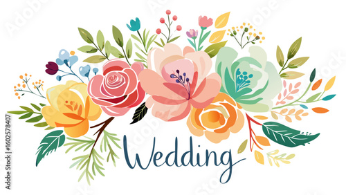 Vector art of a beautiful floral arrangement with the word wedding isolated on white background
