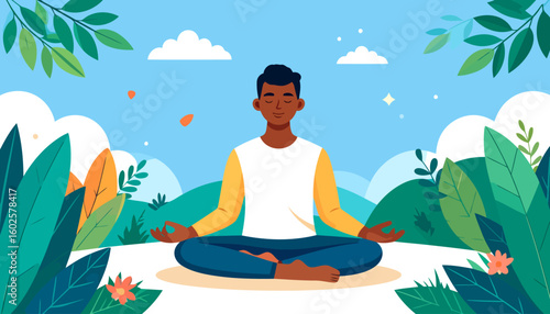 Serene dark-skinned man meditating in lotus pose with closed eyes, wearing a yellow and white long-sleeve shirt and blue pants.