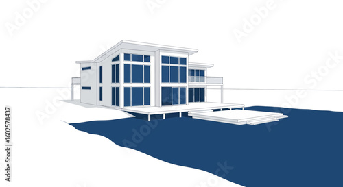 Modern house on stilts overlooking water, architectural rendering